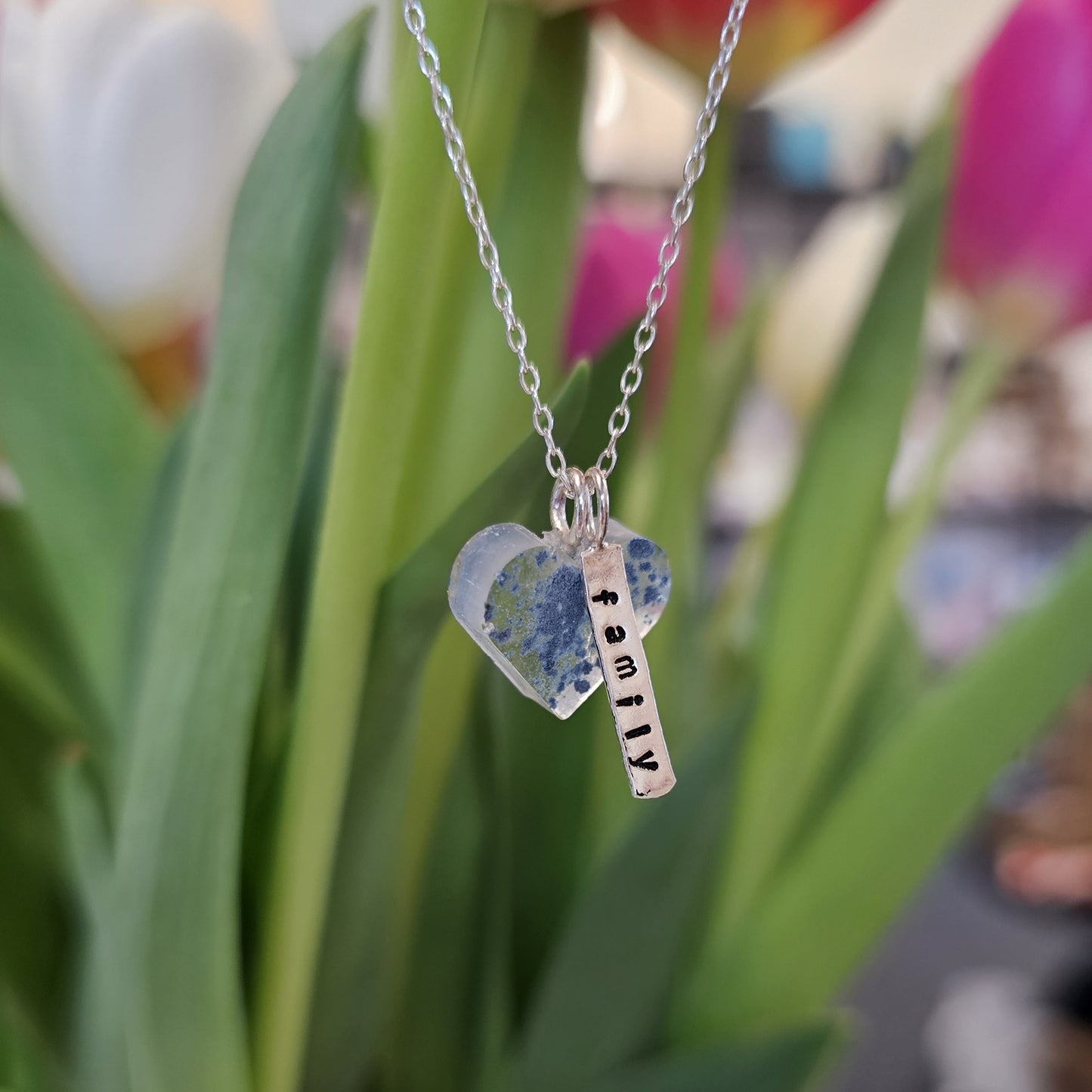 BLUE SPECKLE FLAT HEART TAG NECKLACE