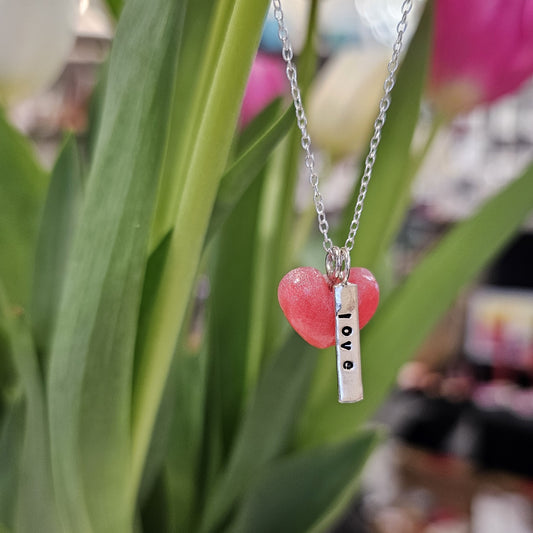 CANDY PINK PUFF RESIN HEART TAG NECKLACE