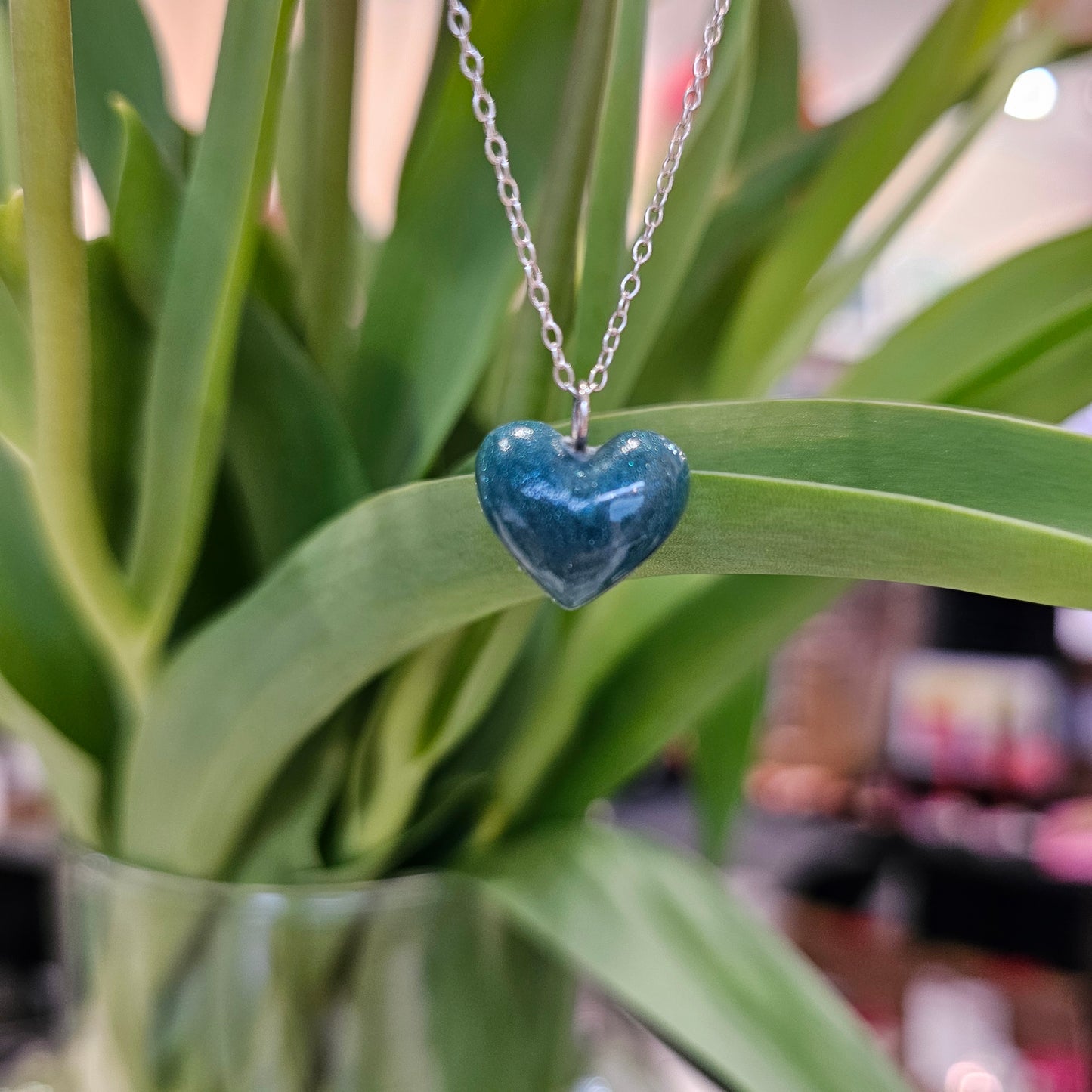 TEAL GREEN PUFF RESIN HEART NECKLACE