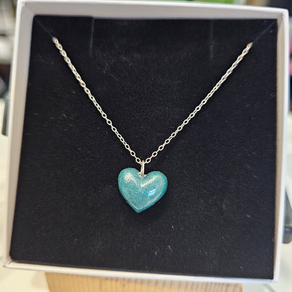 TEAL GREEN PUFF RESIN HEART NECKLACE