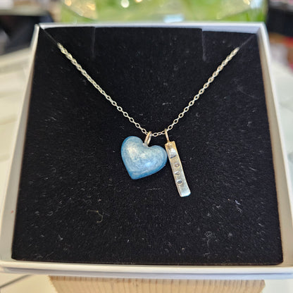 PALE BLUE PUFF HEART TAG NECKLACE