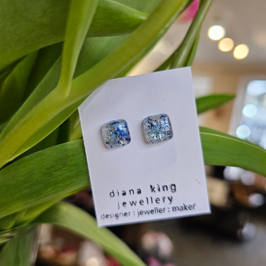 BLUE SPECKLE PUFF SQUARE STUDS