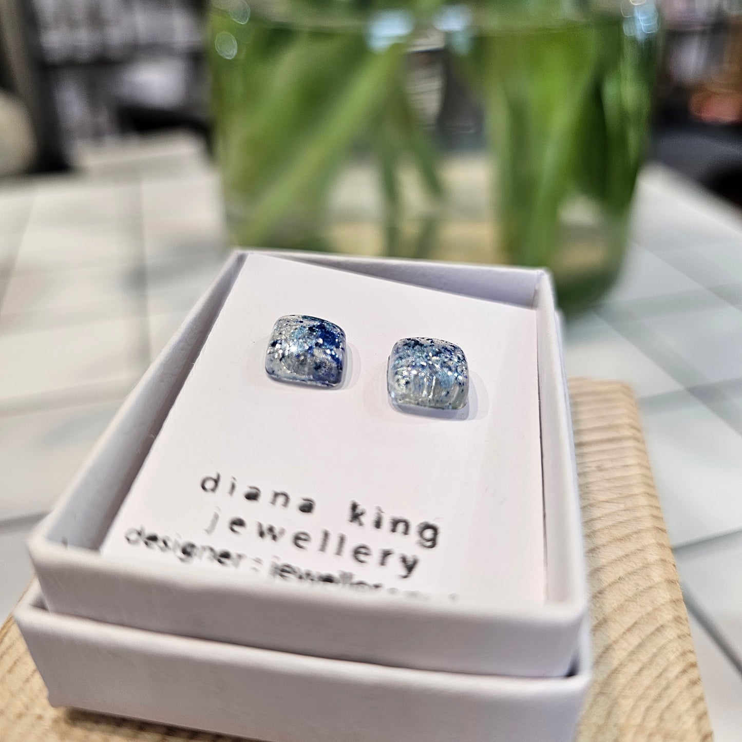 BLUE SPECKLE PUFF SQUARE STUDS