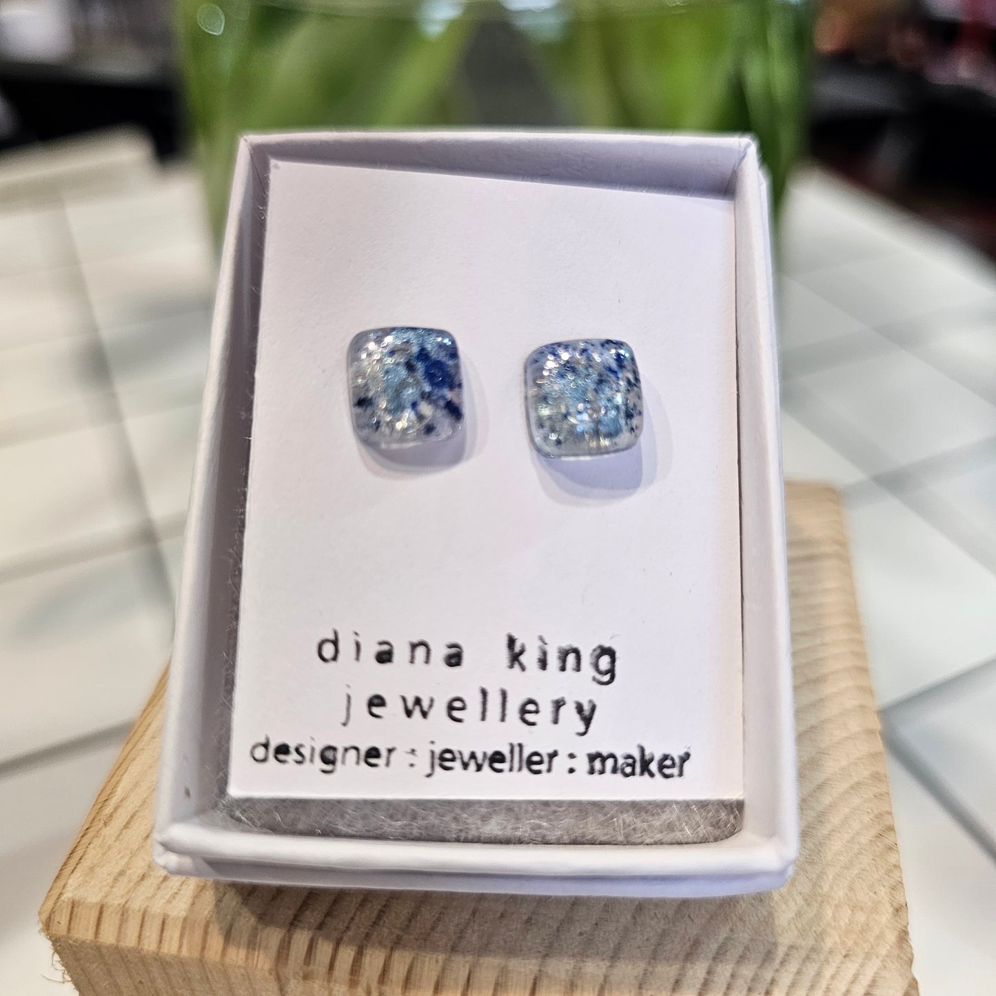 BLUE SPECKLE PUFF SQUARE STUDS