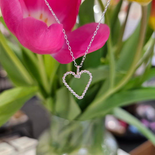 SILVER BEADED HEART PENDANT NECKLACE