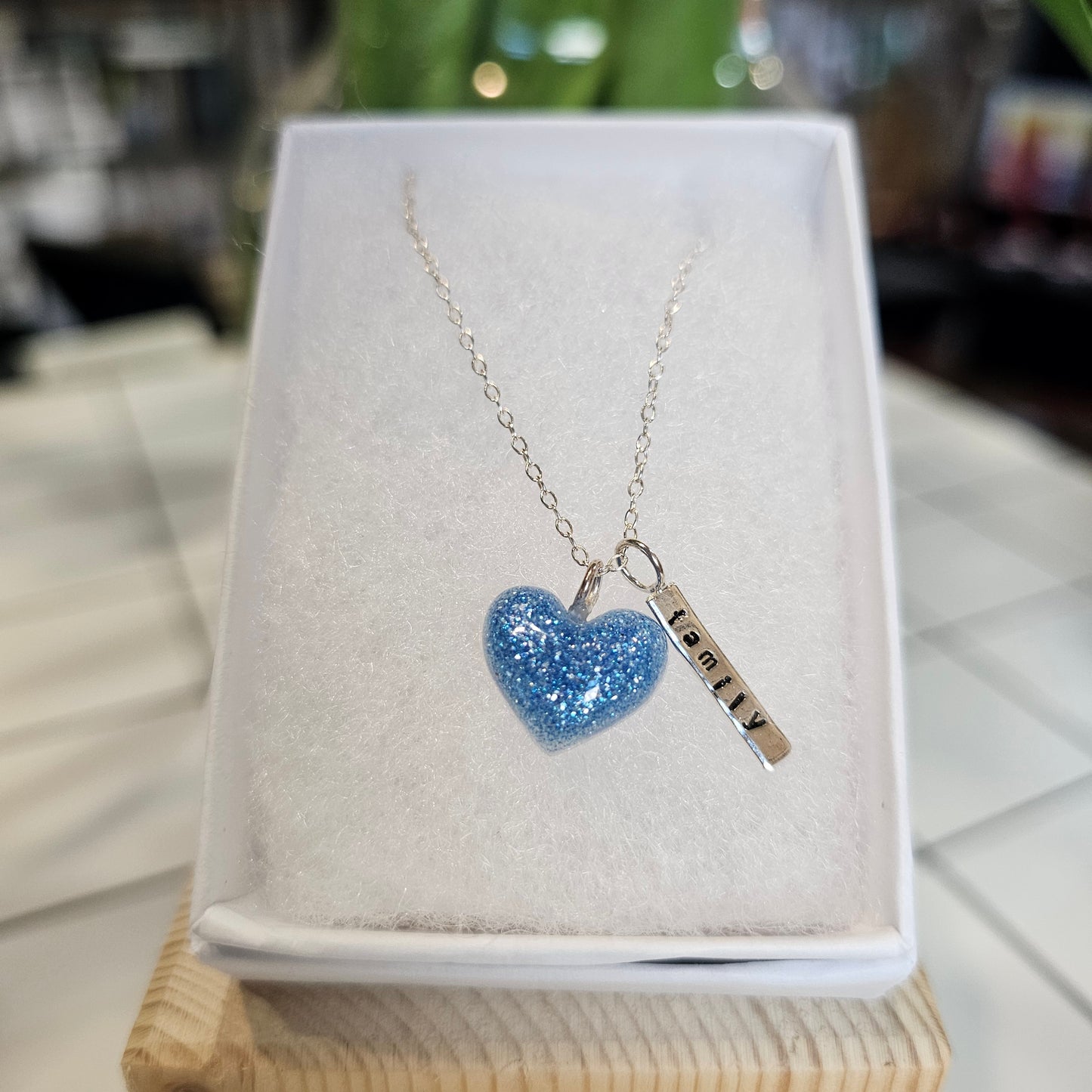 SPARKLE BLUE PUFF HEART TAG NECKLACE