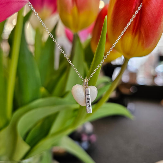 WHITE PUFF HEART TAG NECKLACE