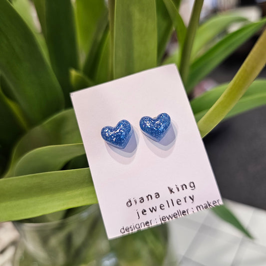 SPARKLE BLUE PUFF HEART STUDS