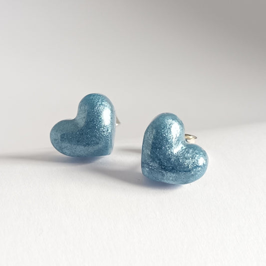 PALE BLUE PUFF HEART STUDS