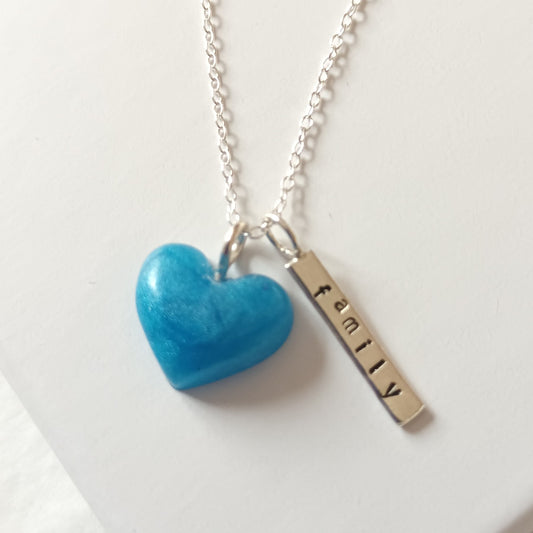 AQUA BLUE PUFF HEART & 'FAMILY' TAG