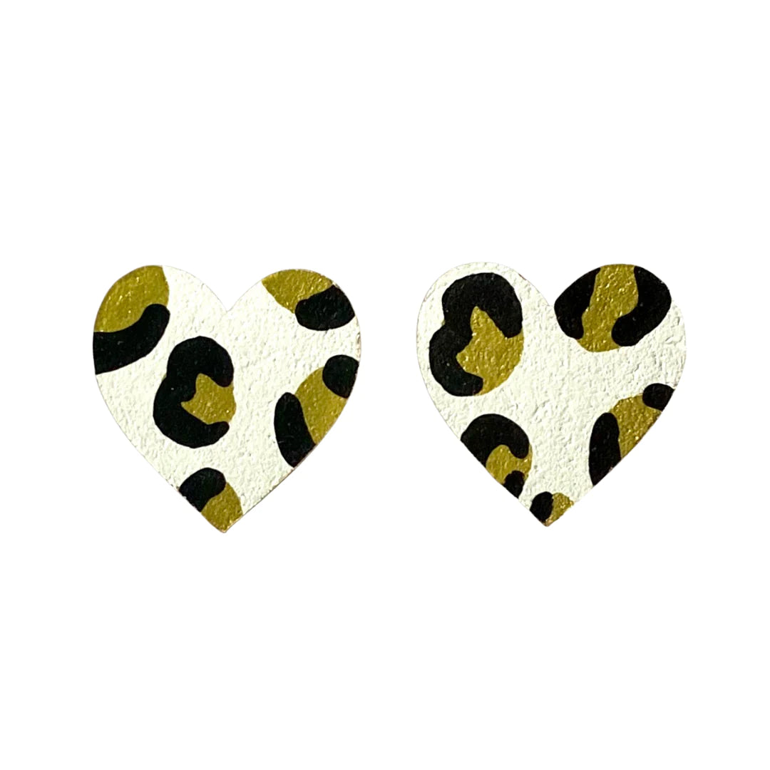 GOLD + BLACK + WHITE LEOPARD HEART STUDS