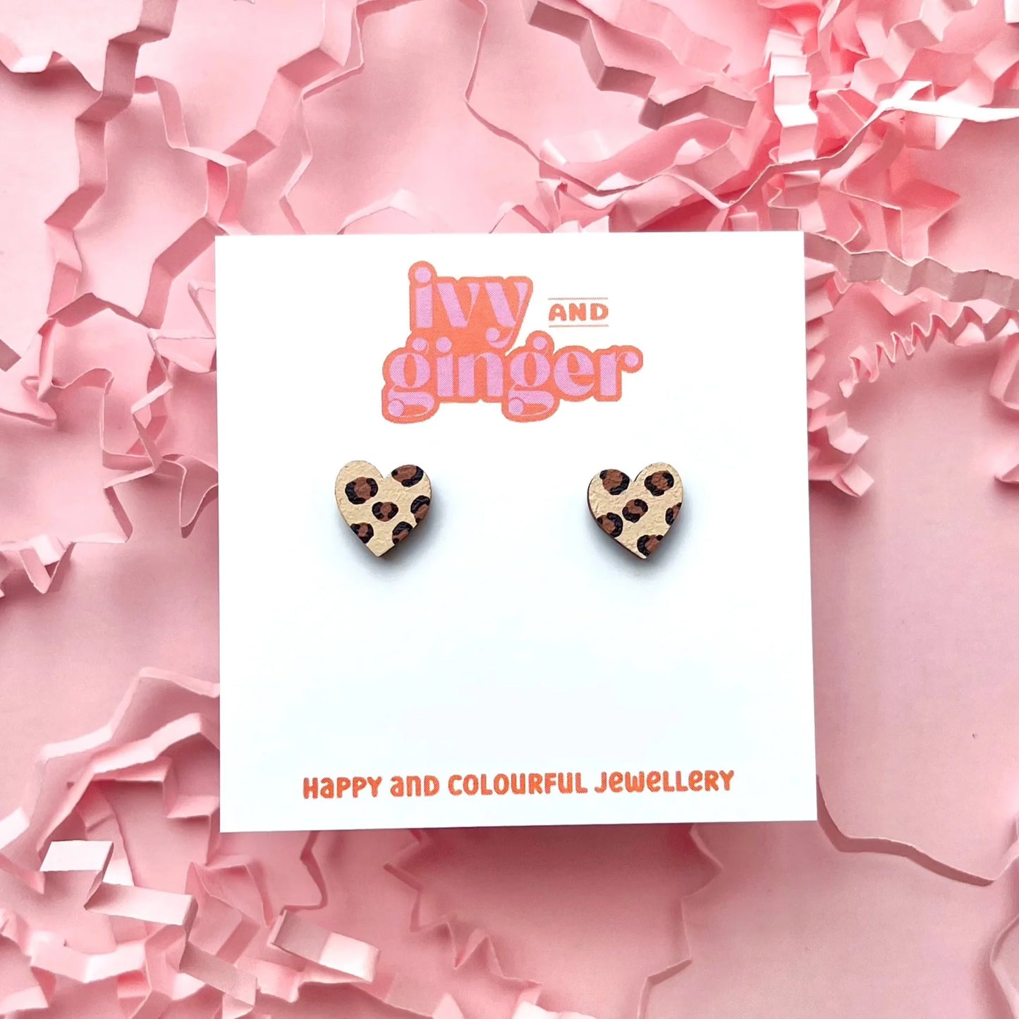 MINI LEOPARD PRINT HEART STUDS - BROWN + BEIGE