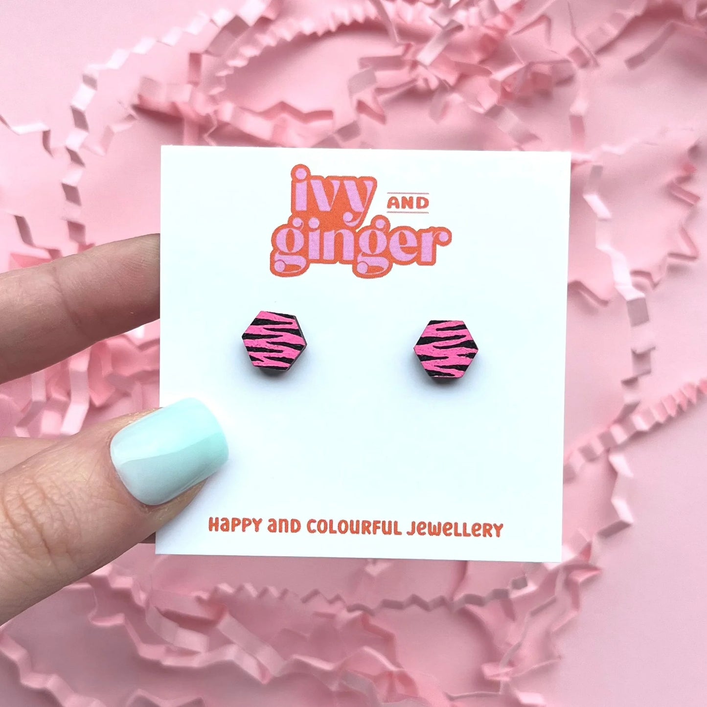 MINI PINK + BLACK HEXAGON ZEBRA PRINT STUDS