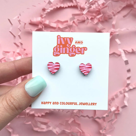 MINI PINK AND RED ZEBRA PRINT HEART STUDS