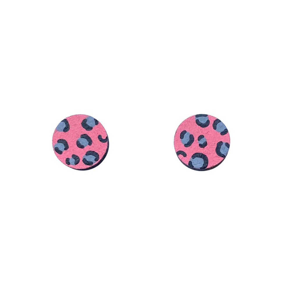 MINI LEOPARD PRINT CIRCLE STUDS - PINK + GREY