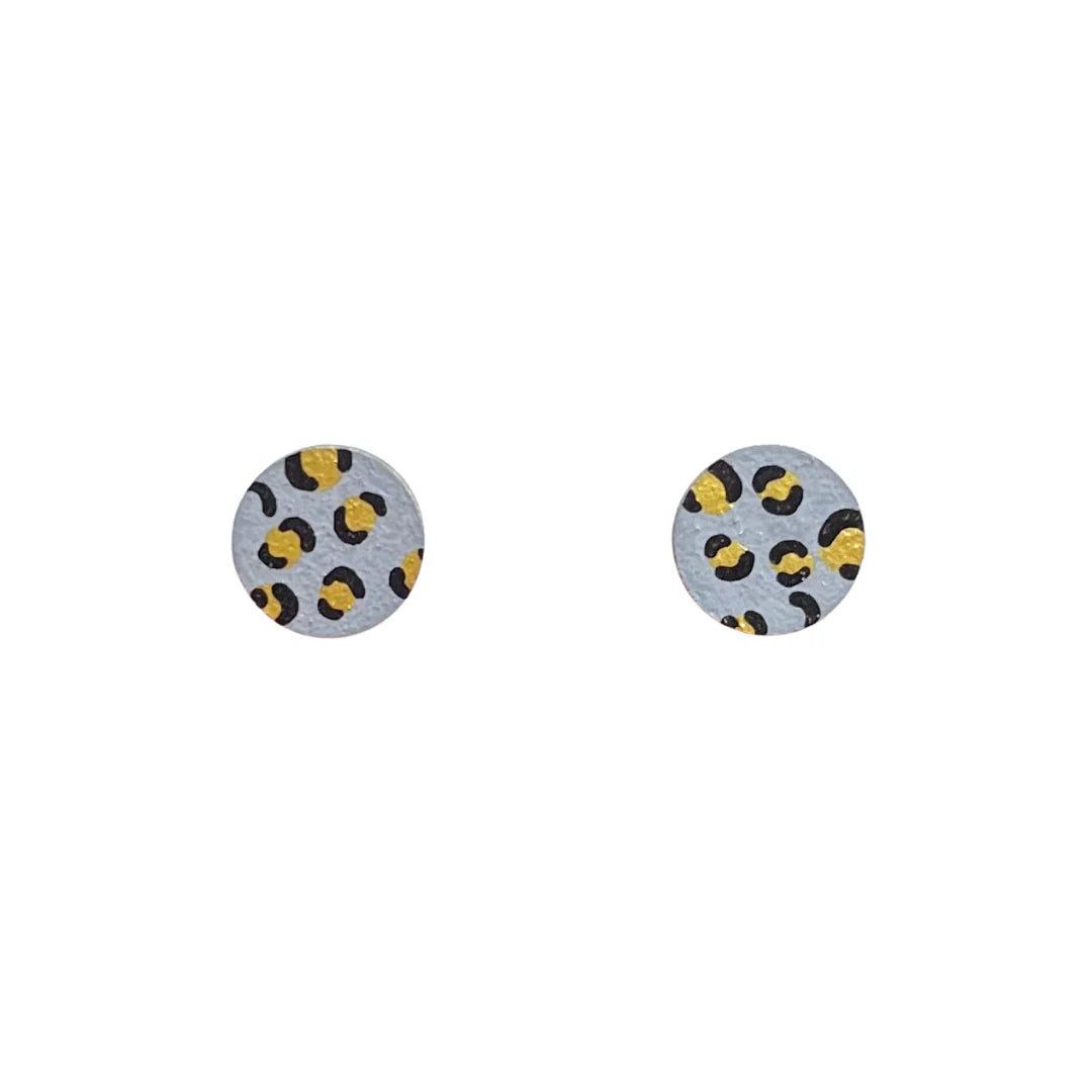 MINI LEOPARD PRINT CIRCLE STUDS - GREY + GOLD