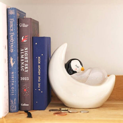 SLEEPING PENGUIN MOON MONEY BOX